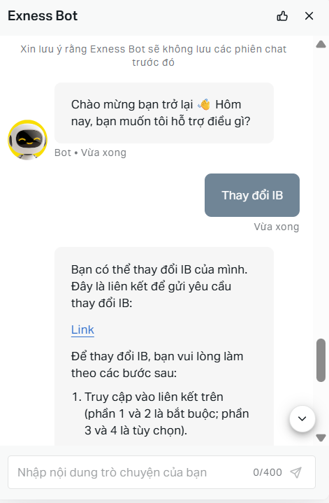 Khi gửi "Thay đổi IB" trong Live Chat sẽ nhận được liên kết biểu mẫu đổi IB